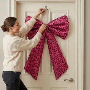 Detailansicht einer großen rosa Schleife mit Leopardenmuster an einer weißen Zimmertür