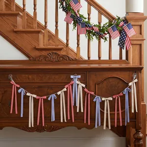 Patriotic Independence Day fabric bow garland streamers for festive home party decor