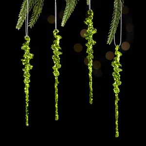 Lot de 4 suspensions de Noël en forme de stalactites vertes à paillettes pour sapin