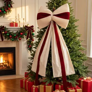 Large Christmas Tree Topper Bow With Long Streamers Red Velvet Fabric Decorative Bowknot For Xmas Tree Holiday Party Decor