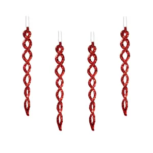 Lot de quatre ornements de glaçons à paillettes rouges pour décoration de Noël.