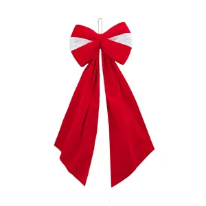 Grande fiocco di Natale in velluto rosso con eleganti dettagli argentati per l'albero