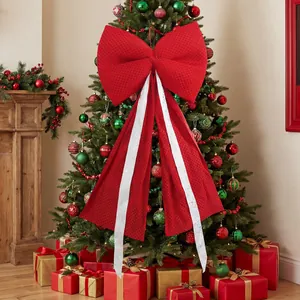 Large red checkered Christmas bow with long white ribbons for tree topper decoration
