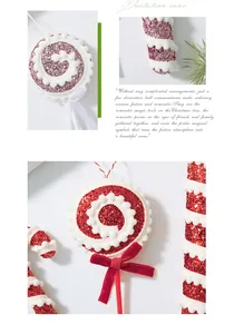 Close-up detail of festive red and white glitter foam Christmas lollipop and cane ornaments.