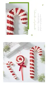 Detailed view of red and white glitter foam candy cane and lollipop Christmas ornaments