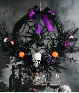 Halloween wreath with spider skull and purple roses for spooky party decor