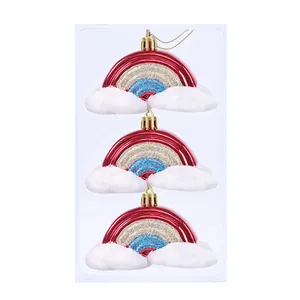3er-Set Regenbogen-Wolken-Weihnachtsschmuck mit roter Plattierung und Glitzerglanz