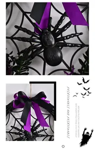 Close-up of Halloween wreath featuring a large black spider and purple ribbon bow