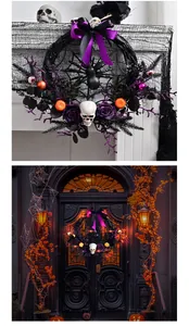 Decorative Halloween wreath featuring skull, spider and purple roses on gothic door