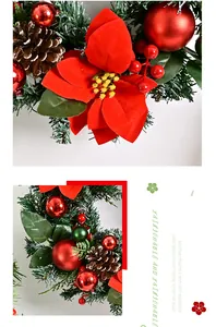 Dettaglio di una ghirlanda di Natale con stelle di Natale rosse e pigne naturali.