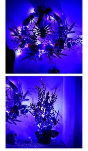 Detailed view of spooky Halloween wreath and tree with purple LED lights and skulls decoration