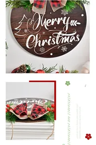 Detailed view of a Christmas wooden door sign featuring a red plaid bow and berries