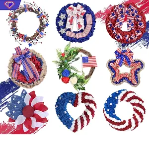 Couronne Du Jour De L'Indépendance Décoration De Porte Du 4 Juillet Couronnes Rouge Blanc Bleu Avec Étoiles Rayures Nœud Toile De Jute Rotin Guirlande De Fleurs Pour Porte D'Entrée Mur Porche Ornements De Fête Du Jour National Américain