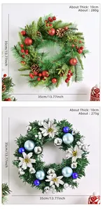 Dettagli e dimensioni delle ghirlande di Natale da 35cm con ornamenti colorati e pigne