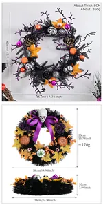 Detailed view of Halloween wreaths with skulls and dimensions in cm and inches.