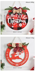 Christmas wooden door hangers featuring buffalo plaid and reindeer designs with red berries