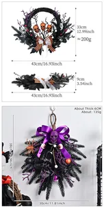 Halloween skull wreath dimensions and product details with purple and orange decorative ribbons.
