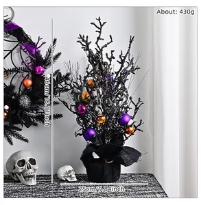 Black Halloween tree with skull and ornaments, size 46x25cm, 18x10 inches, 430g weight