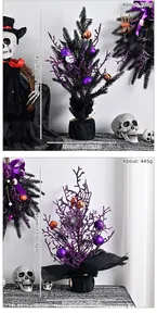 Halloween tabletop artificial tree with purple and orange ornaments, 45cm tall
