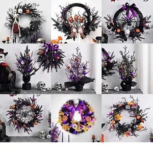 Halloween Wreath Horror Skull Spider Purple Roses Door Hanging Garland Haunted House Gothic Party Decoration Prop