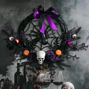 Gothic Halloween wreath with skull, spider, and purple roses for spooky door decor.