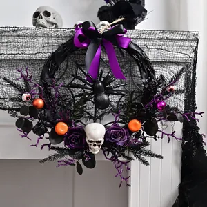 Halloween wreath with skull, black spider and purple roses for spooky party decor.