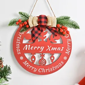 Merry Christmas Round Resin Door Sign With Buffalo Plaid Bow Artificial Red Berry Pine Needle Christmas Hanging Plaque Reindeer Snowflake Wall Decor For Front Door Home Office Xmas Party Decoration