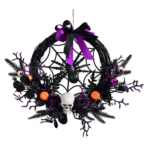 Detailed Halloween wreath featuring a skull, spider web, and purple roses on white background.