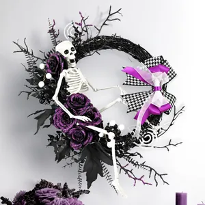 Gothic Halloween Skeleton Wreath With Purple Roses And Houndstooth Bow Purple Black White Ghost Festival Hanging Decor