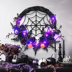 Gothic Halloween Wreath With Purple LED Lights Spider Web Skull Artificial Roses For Front Door Party Home Wall Decoration