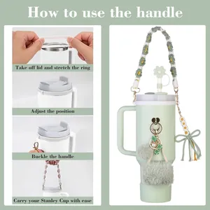 Instrucciones para fijar el asa trenzada de flores y los colganti a la taza verde menta