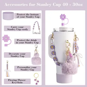 Kit de accesorios florales lavanda para vasos de 40oz y 30oz con tapa de pajita y funda base