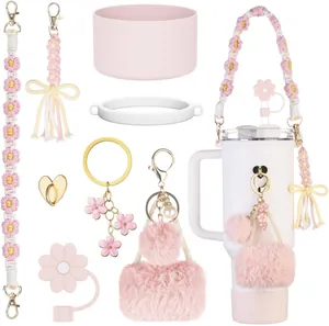 Juego de accesorios de flores rosas para vaso térmico con correa de macramé