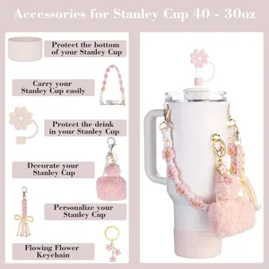 Set accesorios flor rosa para vasos 30-40oz con tapa pajita, correa y llavero de pompón