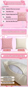 Detailed view of Valentine's Day heart pillowcase with hidden zipper feature.