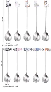 Dimensions détaillées des cuillères à café créatives en acier inoxydable chat et poisson