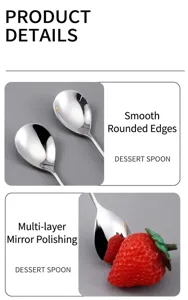 Vue détaillée d'une cuillère à dessert en acier inoxydable poli miroir aux bords lisses