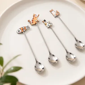 Cuillère en Acier Inoxydable 304 Créative Dessin Animé Chat Poisson Long Manche Café Dessert Cuillère à Mélanger Cuisine Maison