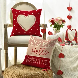 Two decorative Valentine's Day throw pillow covers with red hearts and Hello Valentine text