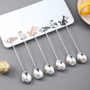 Lot de 6 cuillères à café mignonnes en inox motif chat et poisson, long manche