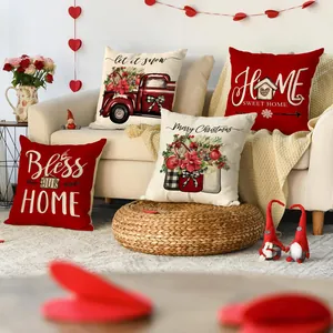 Detailed view of four Christmas throw pillow covers with festive holiday prints