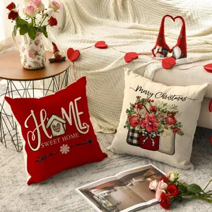 Festive holiday pillowcases styled in a cozy home setting with warm decor pieces.