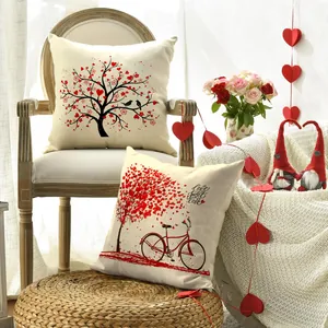 Romantic Valentine's Day pillow covers featuring heart tree and bicycle designs for sofa decor
