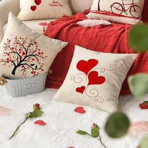 Valentine's Day heart patterned pillowcases displayed in a romantic home setting
