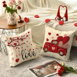 Valentine's Day pillow covers featuring heart tree and vintage truck in a cozy room