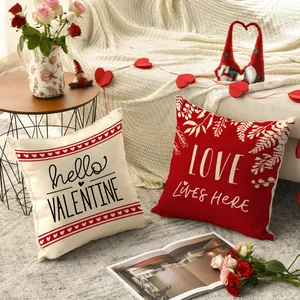 Valentine's Day heart-themed throw pillow covers displayed in a cozy living room scene.