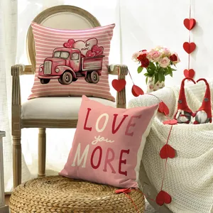 Romantic Valentine's Day throw pillow covers with heart and truck designs in a cozy room