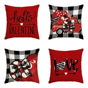Set of 4 romantic Valentine's Day pillow covers featuring red heart and buffalo plaid
