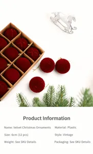 Vintage red flocked Christmas balls 12pcs set for festive tree hanging decorations