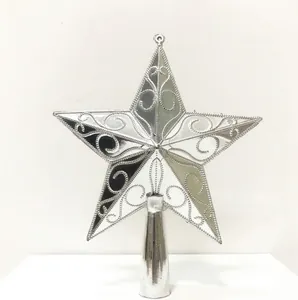 Ornate silver five-pointed star Christmas tree topper with intricate scroll patterns